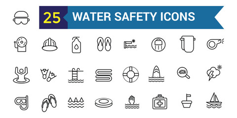 Water safety training icons set outline vector. Beach assistance. Outline icon collection. Editable stroke.