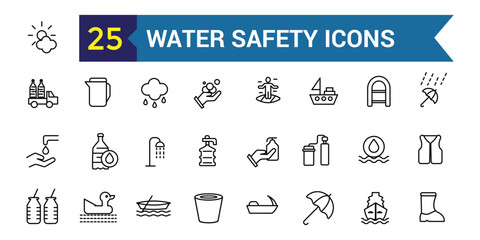 Water safety training icons set outline vector. Beach assistance. Outline icon collection. Editable stroke.