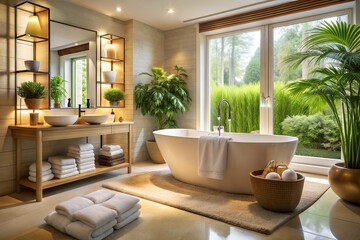 A tranquil bathroom oasis with a freestanding bathtub, fluffy towels, and a collection of luxurious bath products, inviting you to unwind and pamper yourself