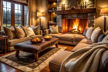 A cozy fireplace lounge with plush sofas, soft throw blankets, and flickering flames, perfect for a cozy evening in