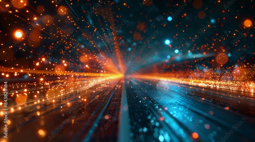Wall mural a network of glowing dots streaks across a dark background, creating a sense of speed and movement.