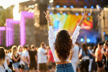 Back view of young woman at summer beach music festival. Raised hands with peace sign, enjoying...