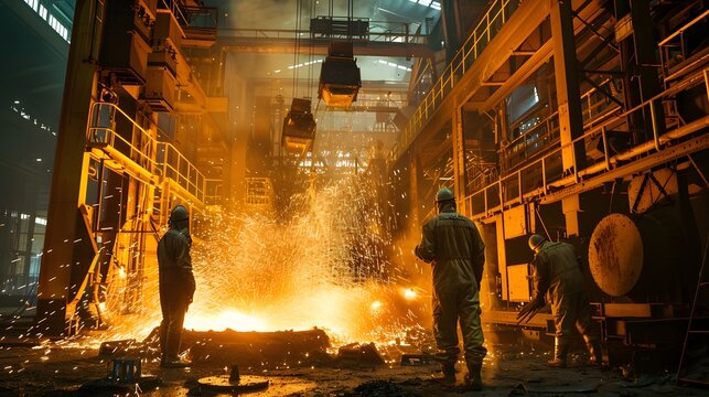 Steel Mill Workers Amidst Molten Metal