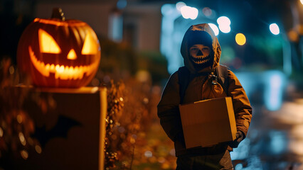 Obraz premium scary-faced delivery man with mystery gift box and pumpkin lantern on halloween day night ,trick or treat celebration with neighbors 