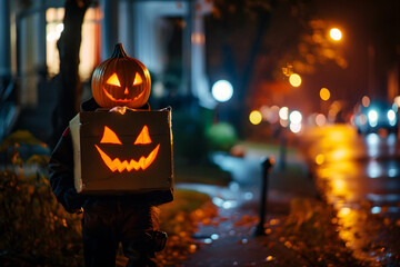 Obraz premium pumpkin-faced spooky delivery man with trick or treat spooky box at night, halloween day night