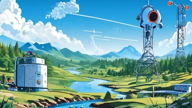 An animation illustrating high-quality AI-powered environmental monitoring. It shows AI analyzing data from sensors and satellites to track pollution levels, monitor wildlife, and predict natural disa