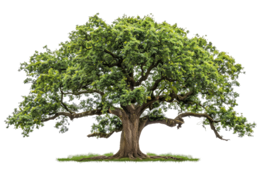 A single oak tree adorned with lush green leaves Isolated on white background