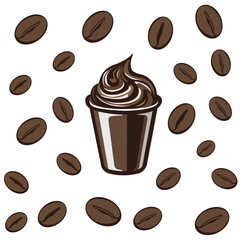 Vector illustration of a coffee cup with a sprinkle of coffee beans icon on a white background.