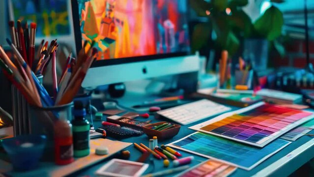 Desk with computer monitor, keyboard, and mouse