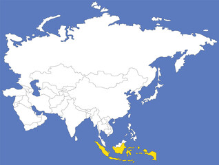 Highlighted yellow map of INDONESIA inside white political map of Asia using orthographic projection on dark blue background
