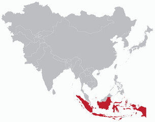 Highlighted red map of INDONESIA inside grey detailed blank political map of Asia on light blue background, without the Middle East and Russia