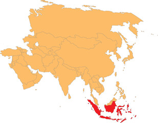 Highlighted red map of INDONESIA inside orange detailed political map of Asia using orthographic projection on transparent background