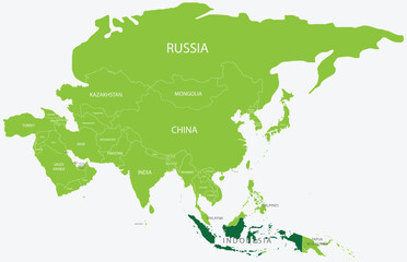 Highlighted green map of INDONESIA inside light green political map of Asia using orthographic projection on light blue background