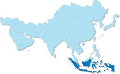 Highlighted blue map of INDONESIA inside light blue 3D blank political map of Asia orthographic projection on transparent background, without Russia
