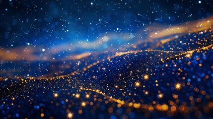 A network of sparkling, golden dots and lines resemble a digital constellation against a deep blue background.