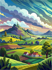 A countryside landscape under a cloudy sky