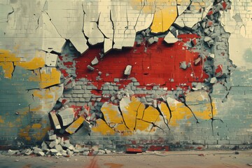 Fototapeta premium Shattered Wall. Crashed. Broken. Particles