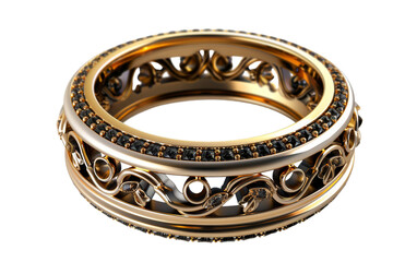 A  gold ring with intricate filigree designs and a row of black diamonds.