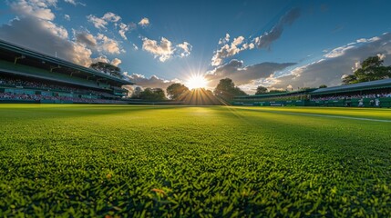 A panoramic shot of a picturesque grass court at Wimbledon bathed in afternoon sunlight.
