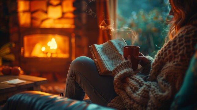 A person enjoying a cup of herbal tea while journaling in a cozy armchair under a warm reading lamp
