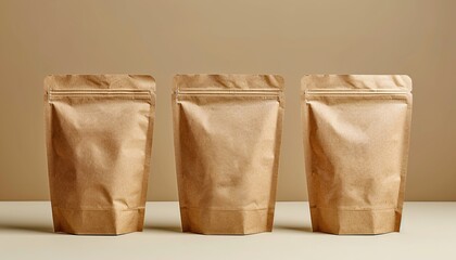 Three Brown Kraft Paper Stand-Up Pouches on Beige Background - Eco-Friendly Packaging for Food, Coffee, Tea, and Snacks - Minimalist Design for Sustainable and Recyclable Product Presentation