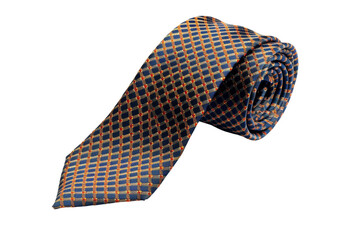 A blue and orange patterned tie with a geometric design, rolled up and isolated on a black background.