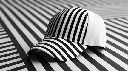 Stylish Black and White Striped Baseball Cap on Matching Striped Background - Modern Fashion Accessory for Trendy Outfits and Urban Streetwear
