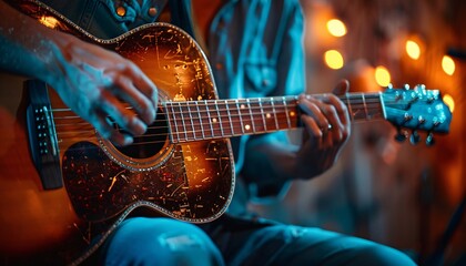 Fototapeta premium Close-up of a Musician Playing an Acoustic Guitar with Warm Ambient Lighting in the Background, Capturing the Essence of Live Music and Artistic Expression