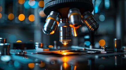 Close-Up of Microscope Lenses in Laboratory Setting with Glowing Orange and Blue Lights, Showcasing Scientific Research and Advanced Technology in a Modern Laboratory Environment