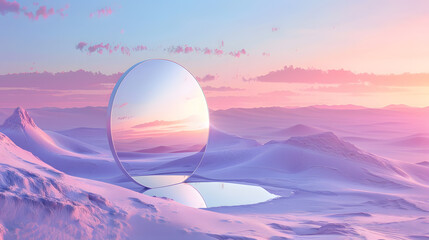 Abstract factasy and realistic mirror in desert, background, futuristic