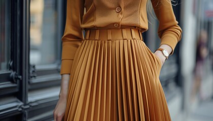 Stylish Woman in Trendy Pleated Skirt and Sweater Walking on Urban Street, Showcasing Modern Fashion and Elegance in a Vibrant City Setting