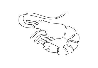 Continuous one line drawing of fresh shrimp for seafood logo icon vector illustration. Pro vector