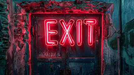 Neon Red Exit Sign on Rustic Door in Urban Alleyway with Grunge Aesthetic and Moody Lighting