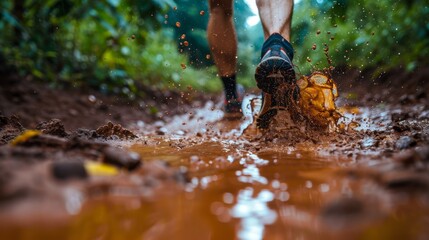 A runner splashes through a mud puddle on a trail, highlighting the challenges of the terrain.