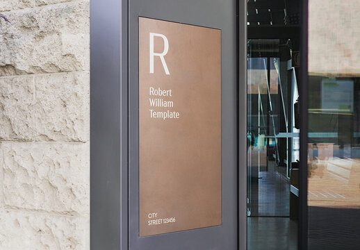 Entrance Logo Mockup Template Style Effect Wall Badge Sign Signboard Metal Text Brand Logotype Identity