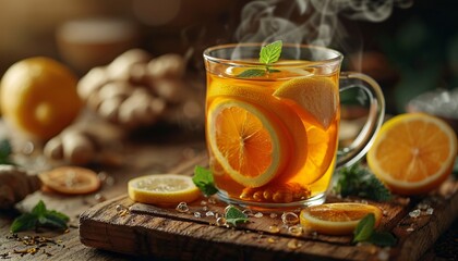 Steaming Hot Citrus Tea with Fresh Orange Slices and Mint Leaves on Rustic Wooden Table, Surrounded by Fresh Ingredients, Perfect for Cozy Winter Evenings and Health-Conscious Lifestyles