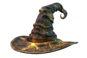 A classic pointed wizard hat with a wide brim, adorned with shimmering gold dust.