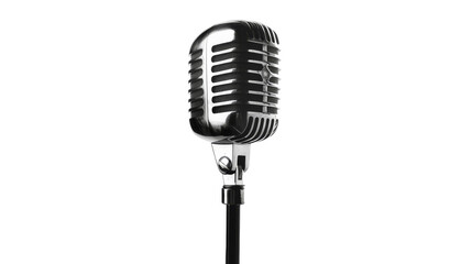 Fototapeta premium A classic vintage microphone with a chrome finish, isolated on a black background. Perfect for music, entertainment, and retro themes.