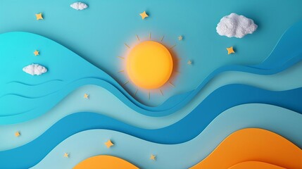 Create an abstract landscape using a cut paper style. The image should have a calming and serene feel to it. Use a pastel color palette and simple shapes.