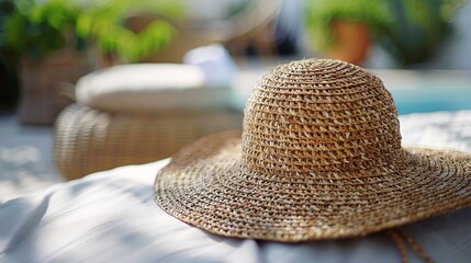 Sun Hat by the Poolside - Close-up of a Straw Hat on a Lounge Chair with Blurred Background of Pool and Greenery, Perfect for Summer, Vacation, and Relaxation Themes
