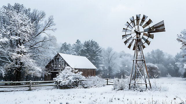 snow-covered windmill in village - Powered by Adobe