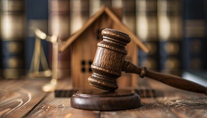Wooden Gavel and Model House on Wooden Table with Legal Books in Background - Real Estate Law and Property Auction Concept