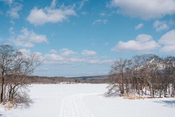 Winter snow lake at Onuma Quasi-National Park in Hokkaido, Japan