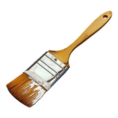 A close-up of a paintbrush with white paint on the bristles. The brush is isolated against a black background.