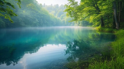 Fototapeta premium A serene landscape photo of a crystal-clear lake surrounded by lush greenery, perfect for a nature walk.