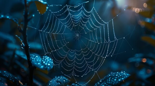 Spider web with dew drops in the style of Nikon D850, macro photography, 32k UHD, National Geographic photo, high detailed, focus stacking