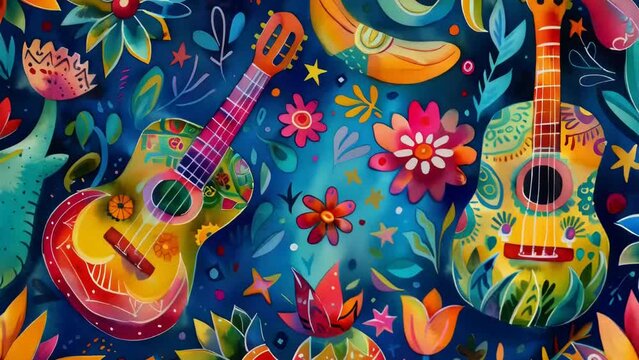 Colorful painting of two guitars and flowers