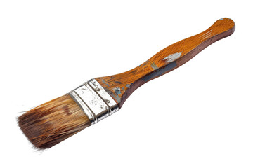 A close-up of a well-used paintbrush with a wooden handle and worn bristles.
