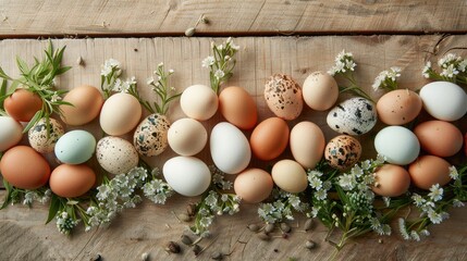 Abundance of chicken and quail eggs displayed on a simple wooden backdrop Easter theme
