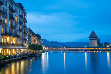 Night view of chapel bridge ,jesuitenkirche in old town are very famous and beautiful  landscape in Luzern Switzerland  